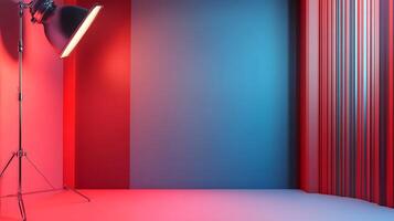 Illuminated studio space with a blend of red and blue hues, a modern light fixture, and patterned wall. Ideal for photography or videography. photo