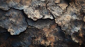 Cracked earth texture showcases parched land after drought, revealing deep fissures and patterns of desiccation. Symbolizes arid climate change. photo