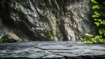 Rocky outcrop setting the scene for a natural display. The stone textures are striking and highlight the surrounding greenery. photo