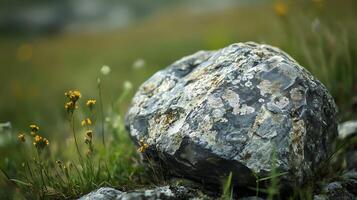 A weathered rock amidst delicate wildflowers and lush green grass, creating a harmonious blend of strength and fragility in a natural setting. photo