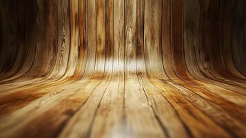 Abstract curved wood background. Rustic timber panels create a seamless transition between wall and floor in a studio setting. Warm, inviting. photo