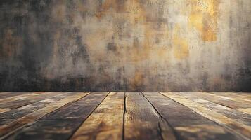 Rustic backdrop of weathered wooden floor against a mottled, textured wall in earthy tones creates a visually intriguing scene. photo