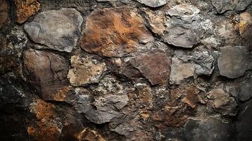 Rustic stone wall texture featuring a mix of gray, brown, and ochre hues, creating a rugged and natural surface aesthetic. photo