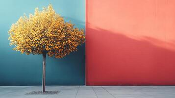 A solitary golden tree stands before contrasting colored walls, casting shadows on a smooth concrete surface in an urban setting. photo
