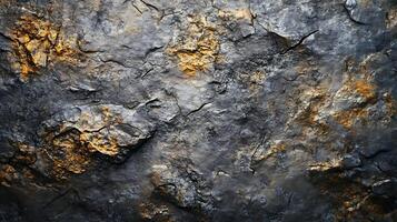 Detailed view of a weathered rock face showcasing cracks and fissures, accented with ochre deposits for added visual interest. photo