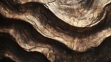 Close-up of weathered wood grain with striking wave-like patterns. Textures and cracks add depth to the rugged organic surface. photo