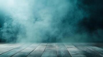 Mysterious atmosphere with thick fog rolling over an aged wooden floor, creating a sense of anticipation and intrigue. photo