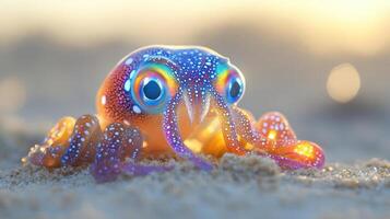 A vibrant and playful depiction of a squid nestled in the sand photo