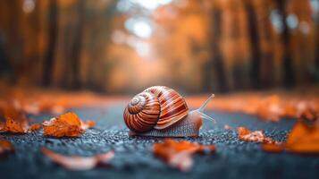 A snail is slowly making its way across a road. photo