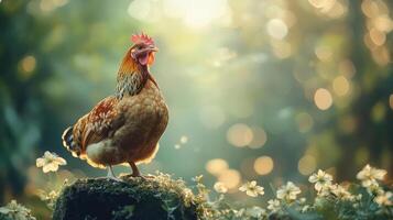 A chicken standing on a rock surrounded by flowers photo