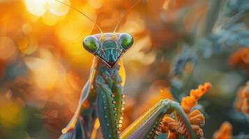 A close-up of a praying mantis, showcasing its distinctive triangular head and long, slender body. photo