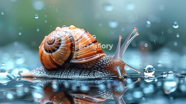 Close-up photograph of a snail with its shell and antennae visible, set against a blurred background. photo