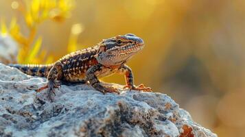 A lizard is perched on a rock, showcasing its vibrant colors and intricate patterns. photo