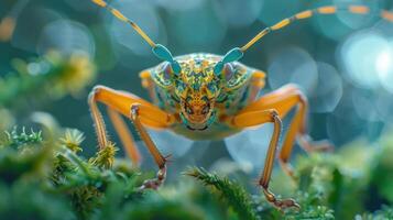 A close-up shot of a grasshopper's face, showcasing its vibrant colors and intricate details. photo