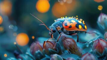 A close-up photograph of a large beetle with black and red coloring, sitting on a leaf. photo