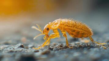 A close-up photograph of a yellowish-brown insect with six legs and two large eyes, standing on a blurry surface. photo