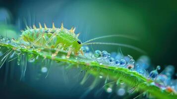 An aphid is a small insect that feeds on plants and can cause damage to crops. photo