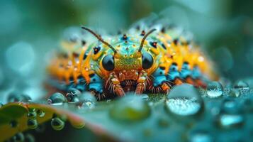 A close-up photograph of a vibrant insect covered in water droplets, showcasing intricate details and textures. photo