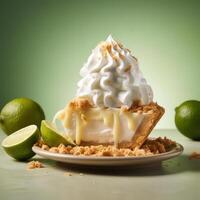 A Key Lime Pie with a slice taken out of it and topped with whipped cream. photo