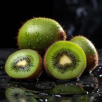 A close-up photograph of three kiwis, two whole and one sliced in half, showcasing their vibrant green skin with brown fuzz and the translucent flesh inside photo