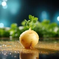 A close-up photograph of a celery root with green leaves sprouting from it. photo