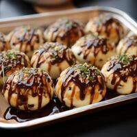A tray of small balls with sauce photo