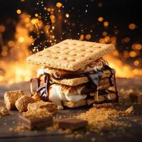 A delicious and gooey s'more with a toasted marshmallow, chocolate, and graham crackers, perfect for a campfire treat. photo