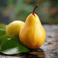 A close-up photograph of two pears on a table with water droplets and leaves. photo