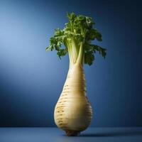 A close-up shot of a parship vegetable with its leaves and root visible, set against a plain background photo
