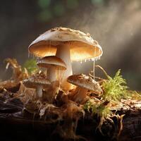 A cluster of mushrooms growing on a log, with some of them having slimy growths. photo