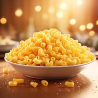 A bowl of macaroni and cheese is depicted, showcasing a rich, creamy sauce enveloping the cooked pasta. photo