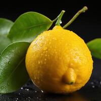 A close-up photograph of a lemon with water droplets on it. photo