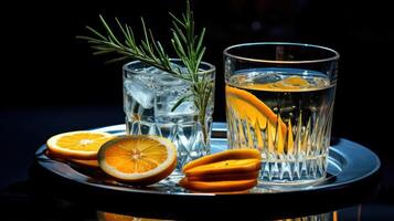Two glasses of clear liquid with rosemary sprigs and lemon slices on a silver tray. photo
