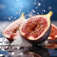 A close-up photograph of two figs with water droplets around them. photo
