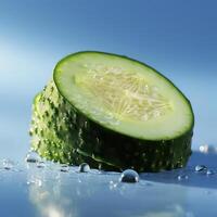 A close-up photograph of a cucumber slice with water droplets on it. photo