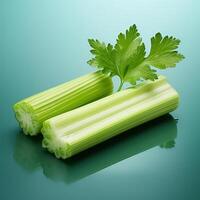 A close-up photograph of two stalks of celery with a sprig of parsley on top. photo