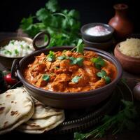 A steaming hot bowl of butter chicken, garnished with fresh cilantro and served with fluffy basmati rice and naan bread. photo