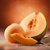 A melon is a type of fruit that belongs to the Cucurbitaceae family. It has a hard rind and a soft, juicy interior. photo
