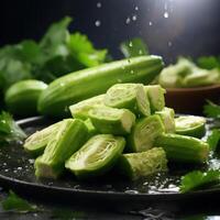 A close-up photograph of sliced cucumbers, garnished with parsley, artfully arranged on a black plate. photo