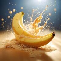 A close-up photograph of two ripe bananas with a splash of milk and cereal on top. photo