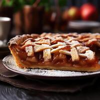 a close-up photograph of an apple pie with lattice crust on a wooden table photo