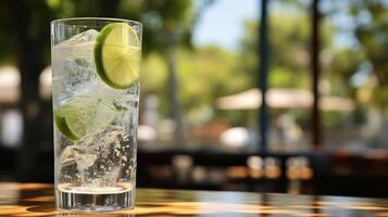 A glass of cocktail with lime and ice on a table. photo