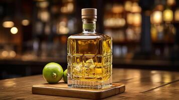 A bottle of whiskey with a green label on it, sitting on top of a bar. photo
