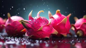 A close-up photograph of a vibrant pink dragon fruit with water droplets on its surface and additional fruits visible in the background photo