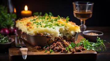 A savory dish consisting of layers of ground meat and vegetables topped with a thick layer of mashed potatoes. photo