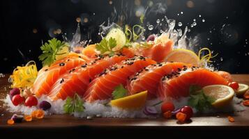 A plate of sashimi with salmon, garnished with lemon and herbs. photo