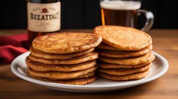 Stack of pancakes on a plate with a bottle of maple syrup and a mug of coffee photo