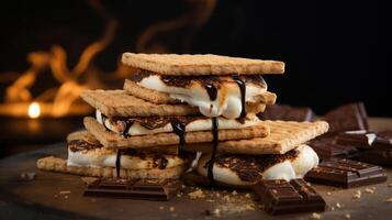 A stack of toasted marshmallow sandwiches between graham crackers with melted chocolate on top. photo