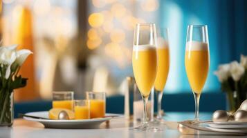 A table is set with glasses of orange juice and champagne, decorated with flowers. photo