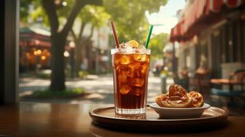 A refreshing glass of iced tea or lemonade with a slice of pizza on the side, perfect for a hot summer day. photo